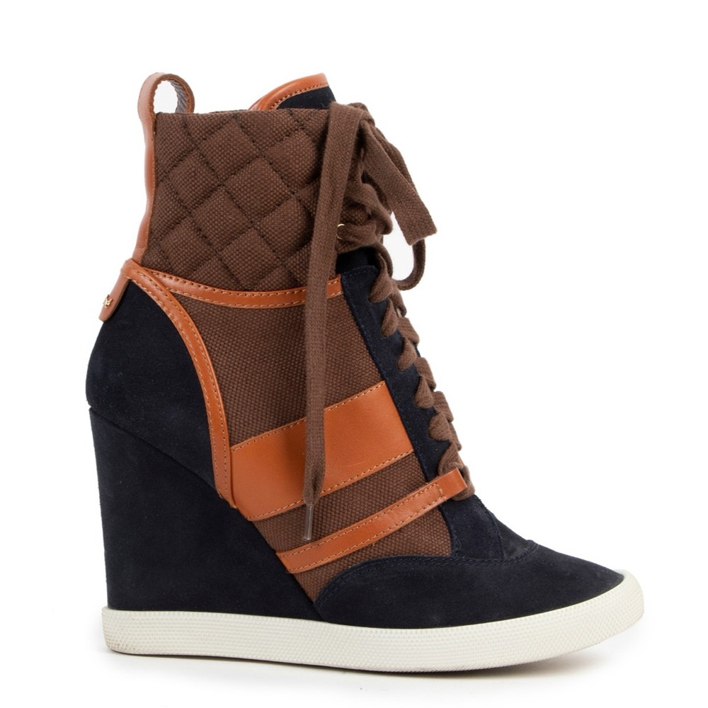 Chloé Blue and Brown Suede, Leather and Canvas Wedge Sneakers
